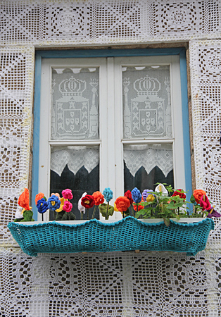 Fönster med blomlåda och blommor. 