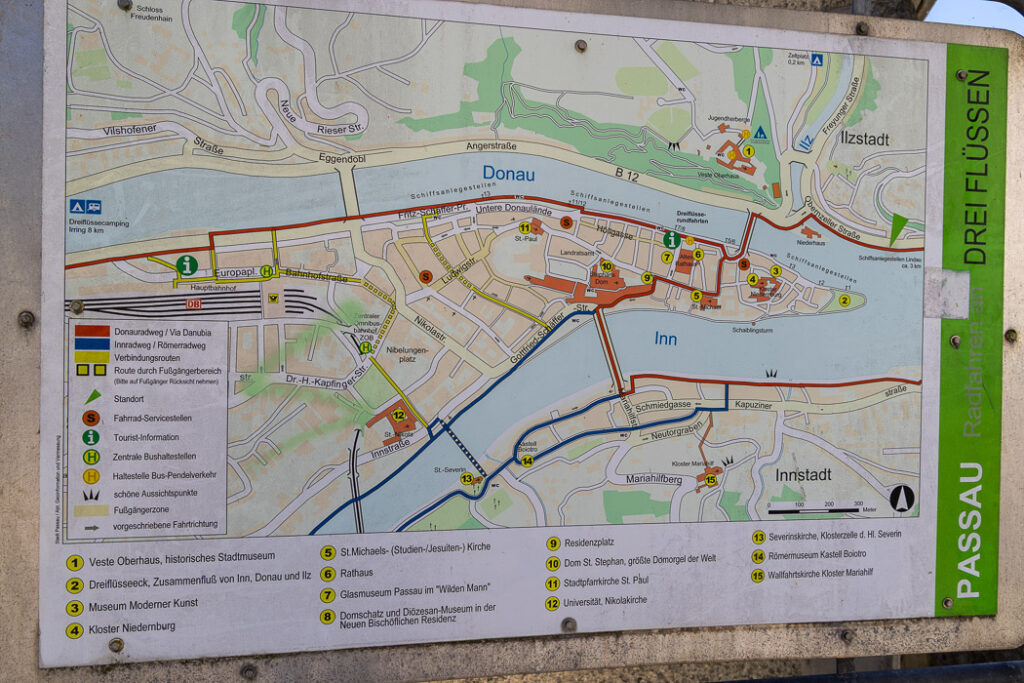 Karta som visar de tre floderna som blir en i Passau.
